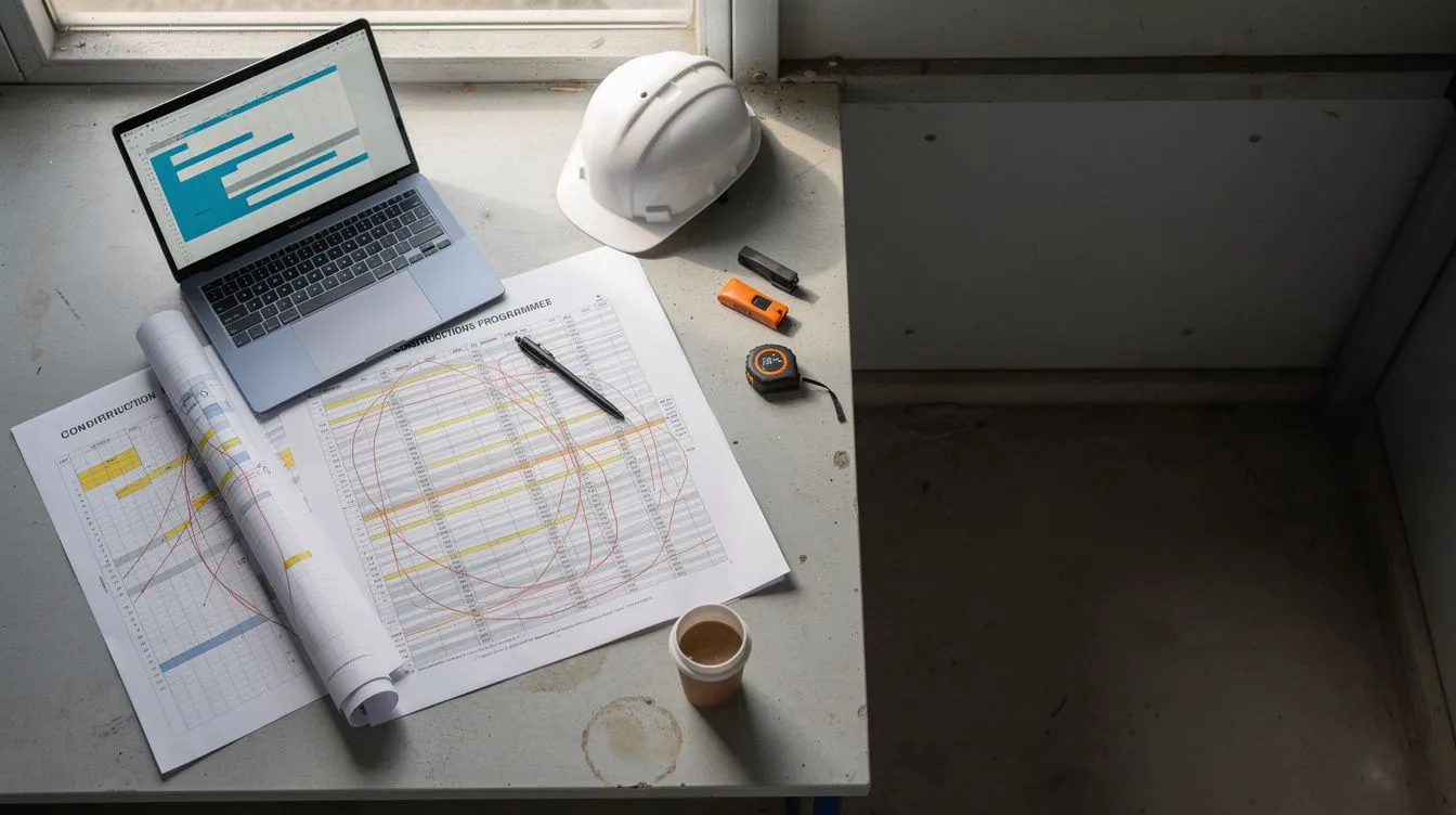 A site office desk showing a marked-up printed Gantt chart, a laptop displaying schedule bars, hard hat and tape measure