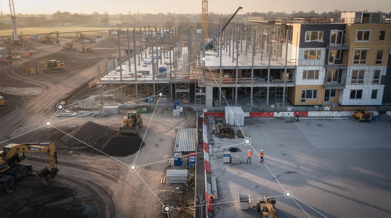 Aerial view of a construction site with sequential phases visible: earthworks, structural steel, and facade, overlaid with a critical path linework