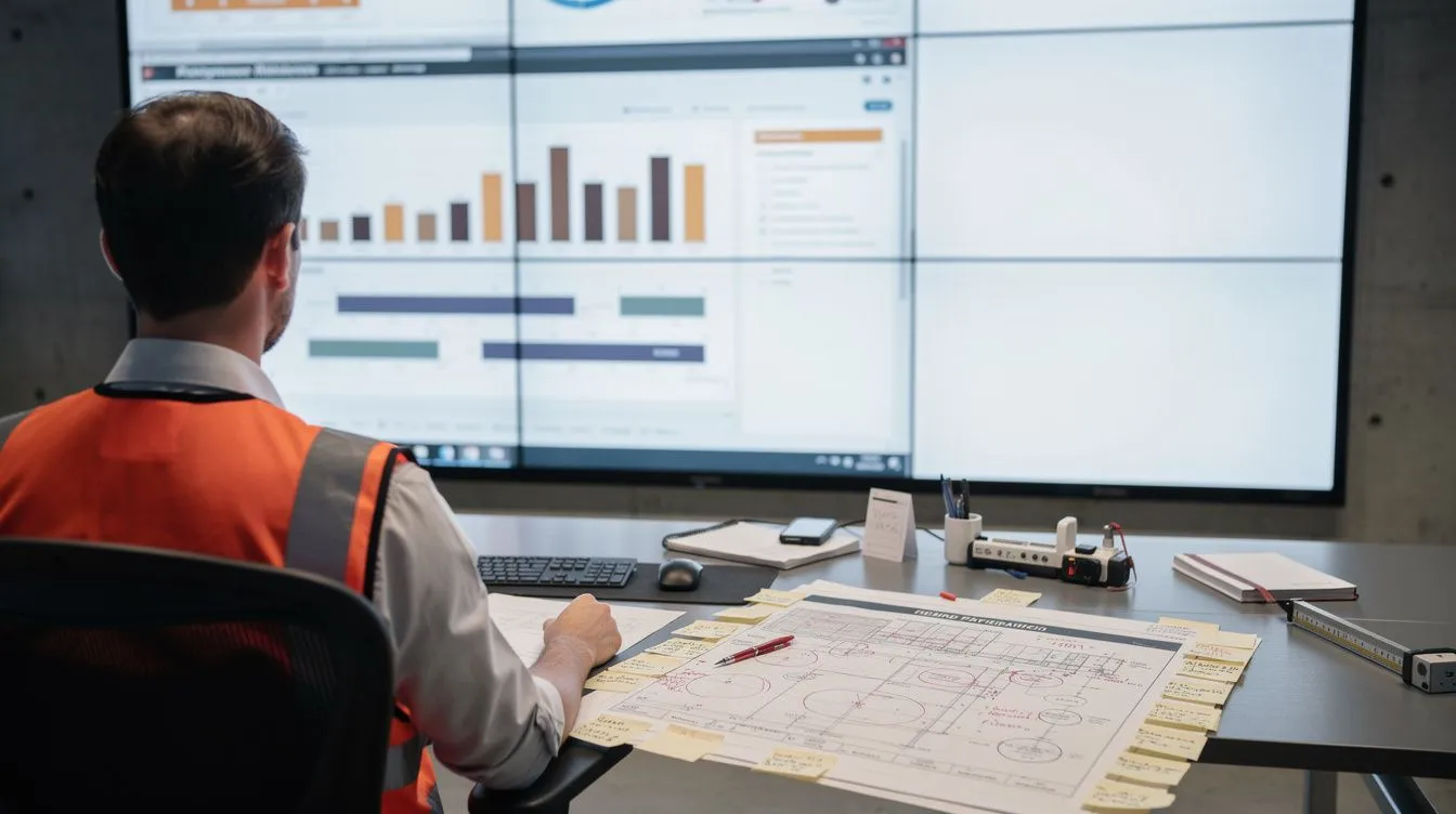 A project manager reviewing a printed contractor programme on a desk with abstract bar charts on screens behind