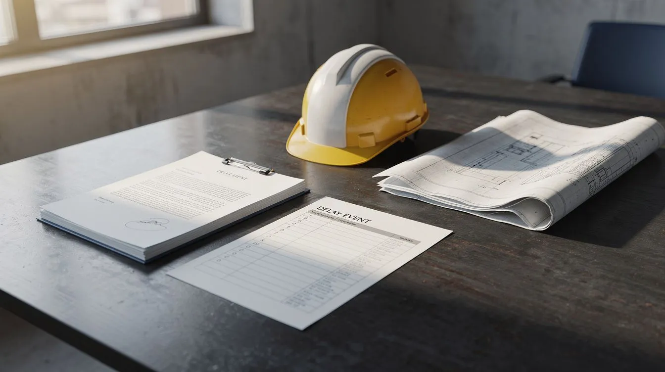 A contract bundle and printed delay event log on a meeting table with a hard hat and folded drawings, late afternoon light