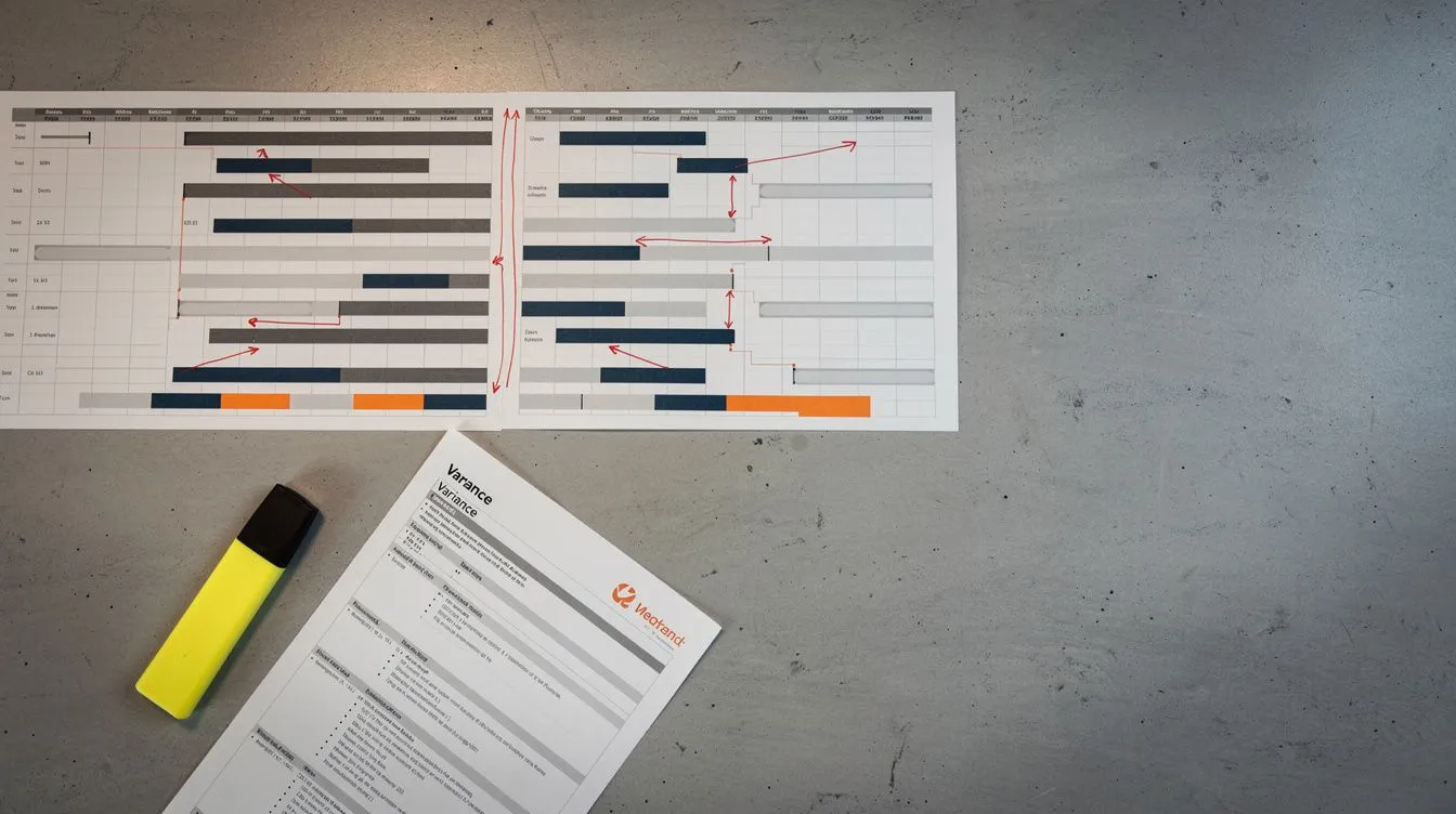 Two printed Gantt schedule strips side by side on a desk, with red variance arrows hand-drawn between matching activities