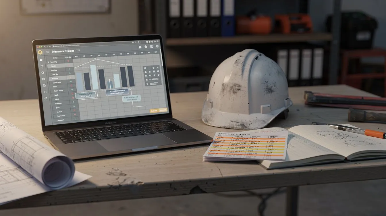 A laptop showing an abstract Primavera-style interface beside a printed activity list with highlighter marks and a hard hat