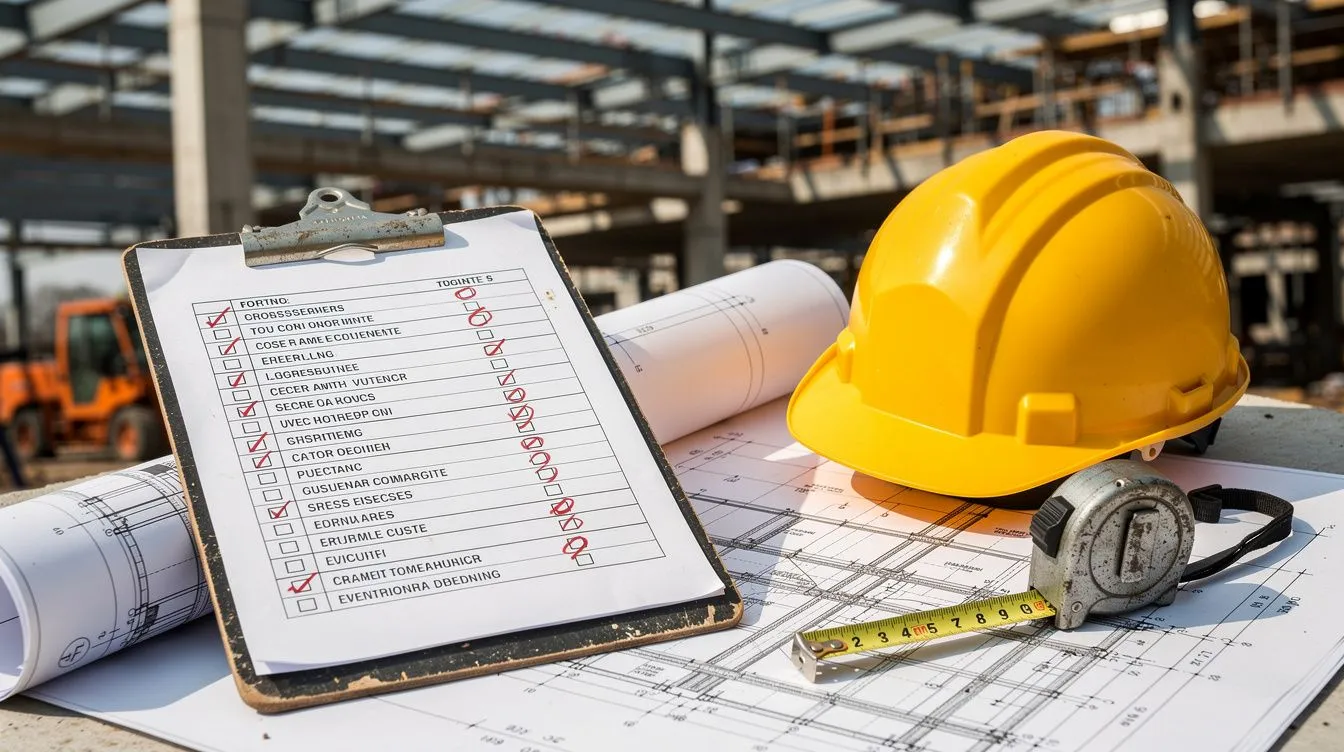An inspection clipboard with a printed checklist and red flags on top of architectural drawings, structural frame in the background