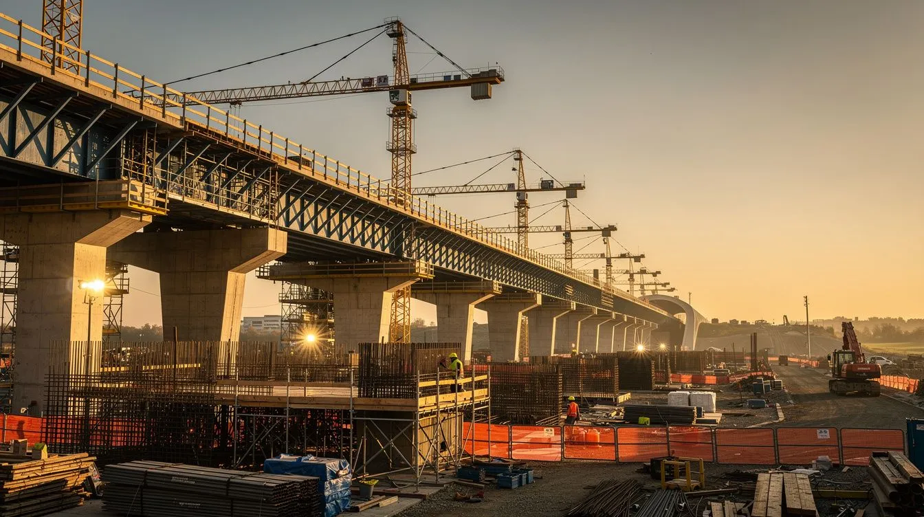 A long bridge deck under construction at golden hour with cranes and scaffolding, suggesting megaproject scale