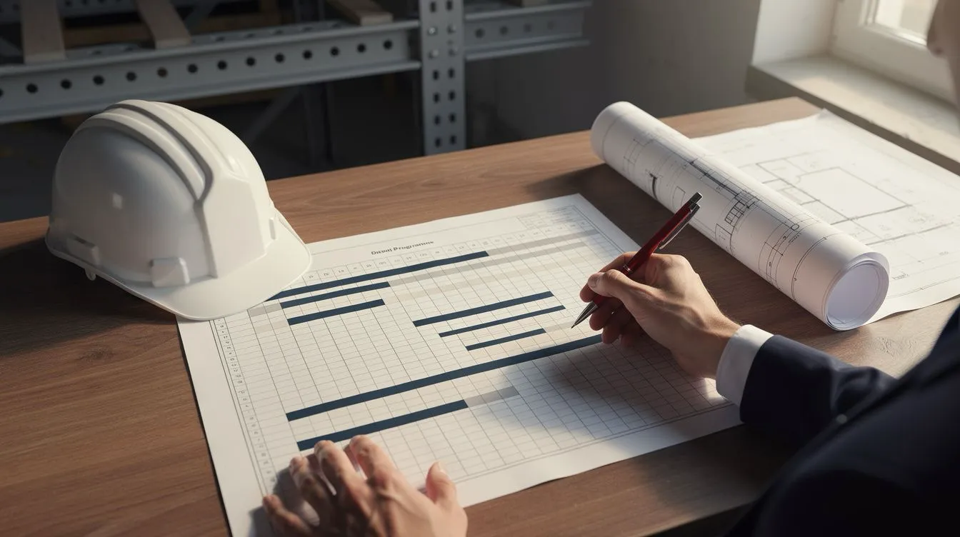 A construction project manager's hands reviewing a printed Gantt-chart programme on a wooden desk, with a red pen, hard hat resting beside the page, blueprint roll partly unrolled, in muted natural daylight