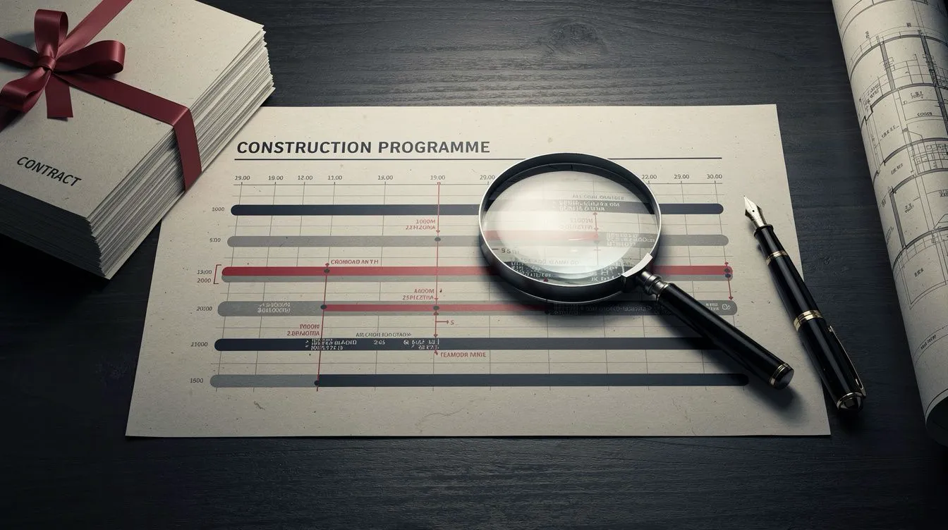 Forensic delay-analysis evidence laid out on a dark desk: a magnifying glass over a printed construction programme timeline with red critical-path activities marked, stacks of contract documents tied with red ribbon, fountain pen, blueprint corner