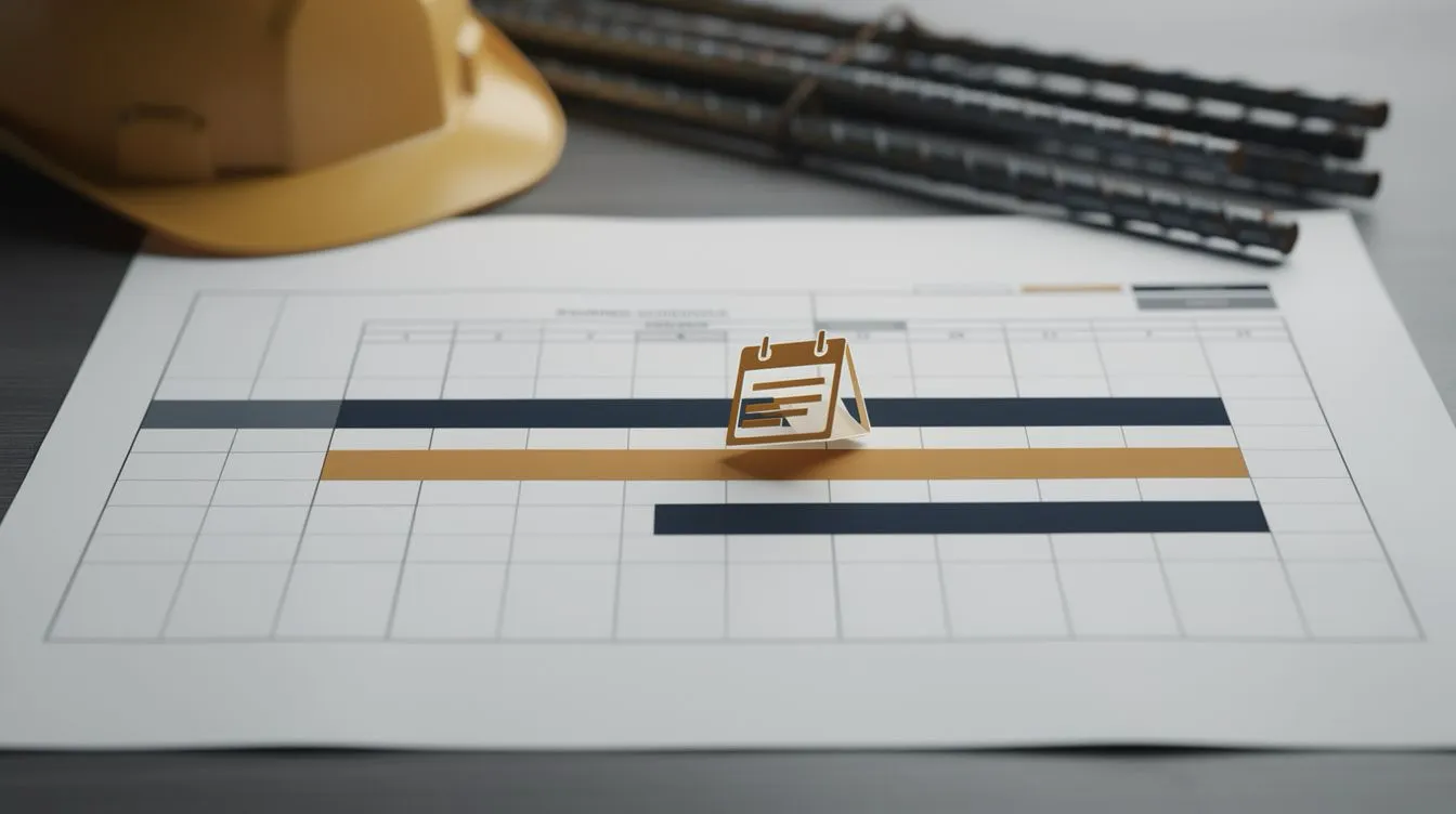 A printed construction schedule with planned and delayed timeline bars side by side, a delay-event marker wedged into the middle of the planned bar pushing the right portion later, hard hat and steel reinforcement bars softly defocused in background