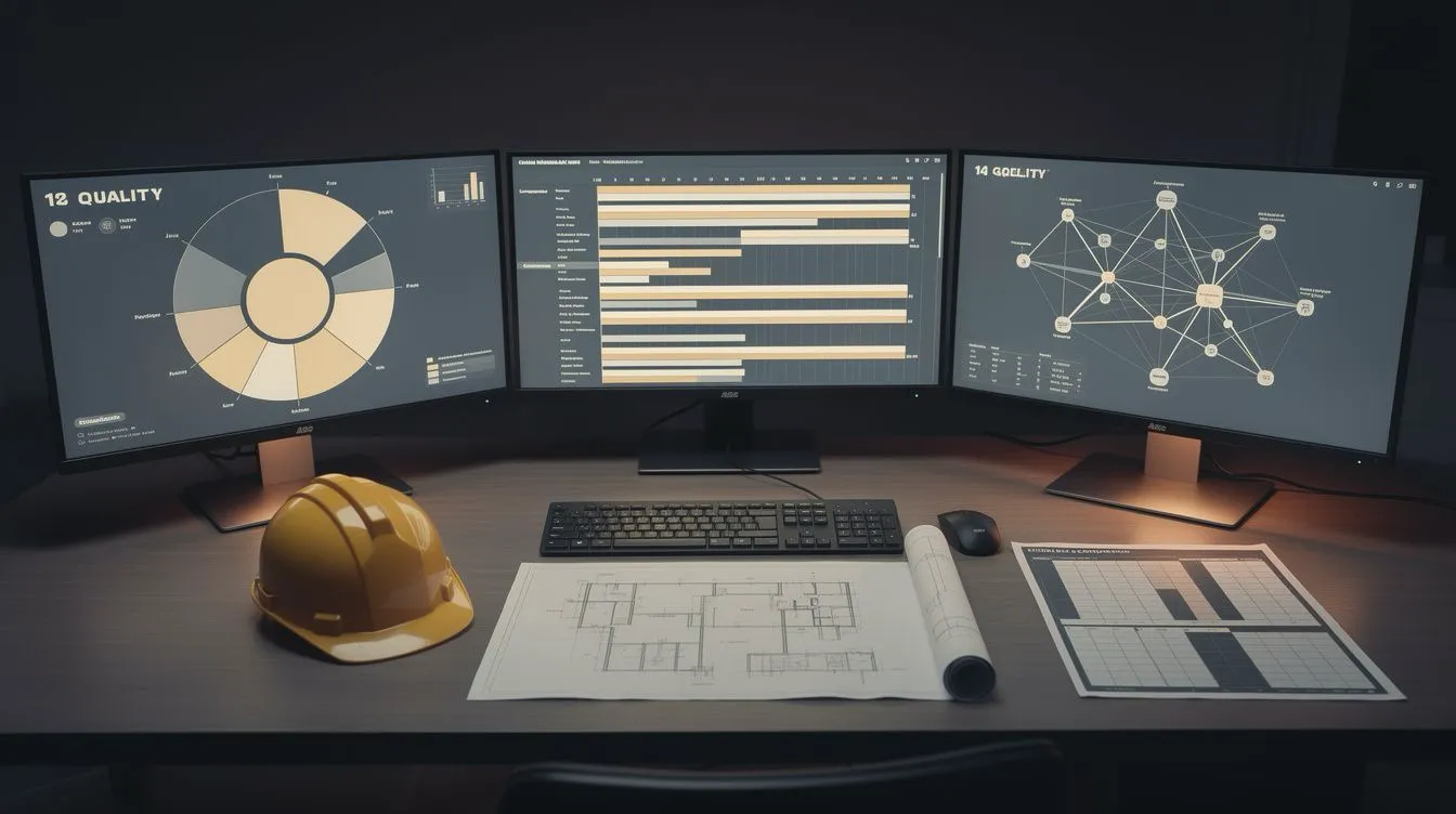 Construction-scheduling analysis comparison: three monitors at a darkened workstation showing a DCMA radial chart, Gantt comparison strip, and critical-path network diagram, with hard hat and blueprints on the desk