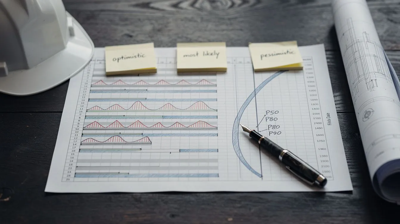 A construction project manager's desk: a printed Gantt-chart programme with hand-drawn probability distribution curves over the activities, P50/P80/P90 confidence markers annotated on the finish-date column, hard hat and partly unrolled blueprint to one side