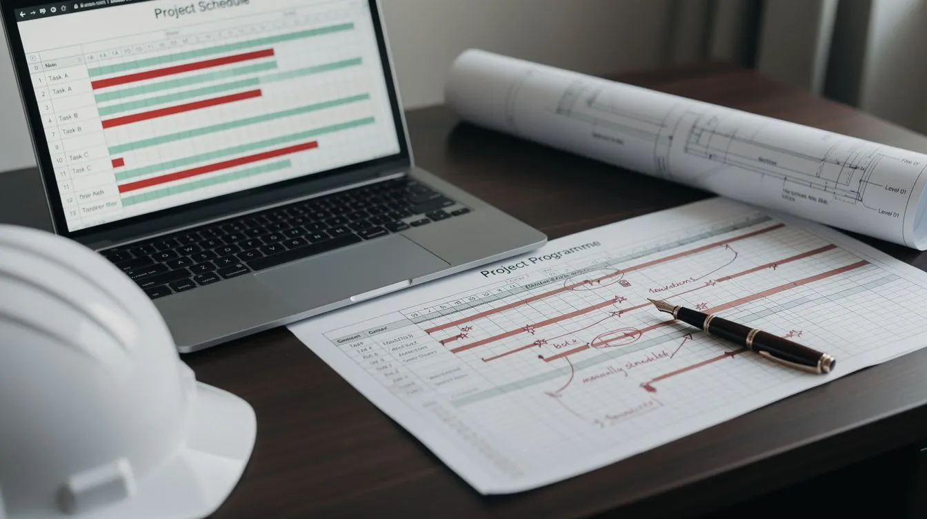 A construction project manager's desk: a laptop showing an MSP-style Gantt chart with the critical path highlighted in red, a printed programme to the side with hand-drawn open-end circles and constraint flags, hard hat and partly unrolled blueprint nearby