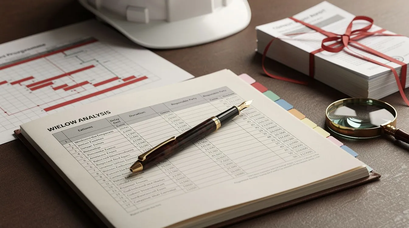 A senior construction expert's desk: a thick bound delay-analysis report opened to a windows-analysis table with tabbed dividers, a printed Gantt extract with red critical-path bars showing impacted-vs-as-built overlays, fountain pen across the page, contract documents tied with red ribbon, brass magnifying glass and hard hat defocused behind