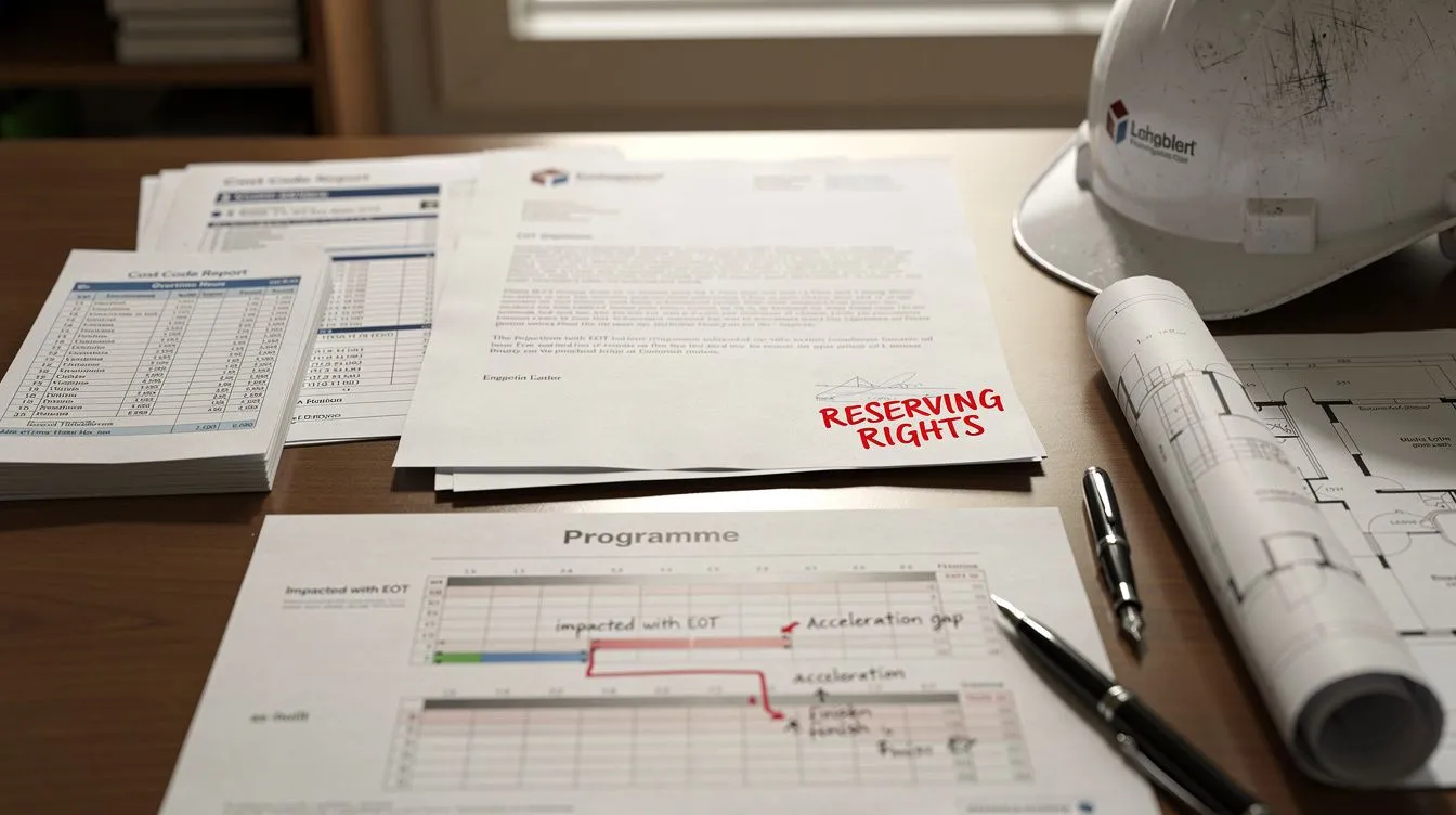 A construction project manager's desk: an EOT rejection letter on top with a red 'reserving rights' note in the margin, overtime timesheets and cost-code reports beside, a printed Gantt programme below showing two parallel timelines (impacted with EOT, and as-built finishing earlier) with the acceleration gap annotated in red pen, hard hat on the corner, blueprint partly unrolled