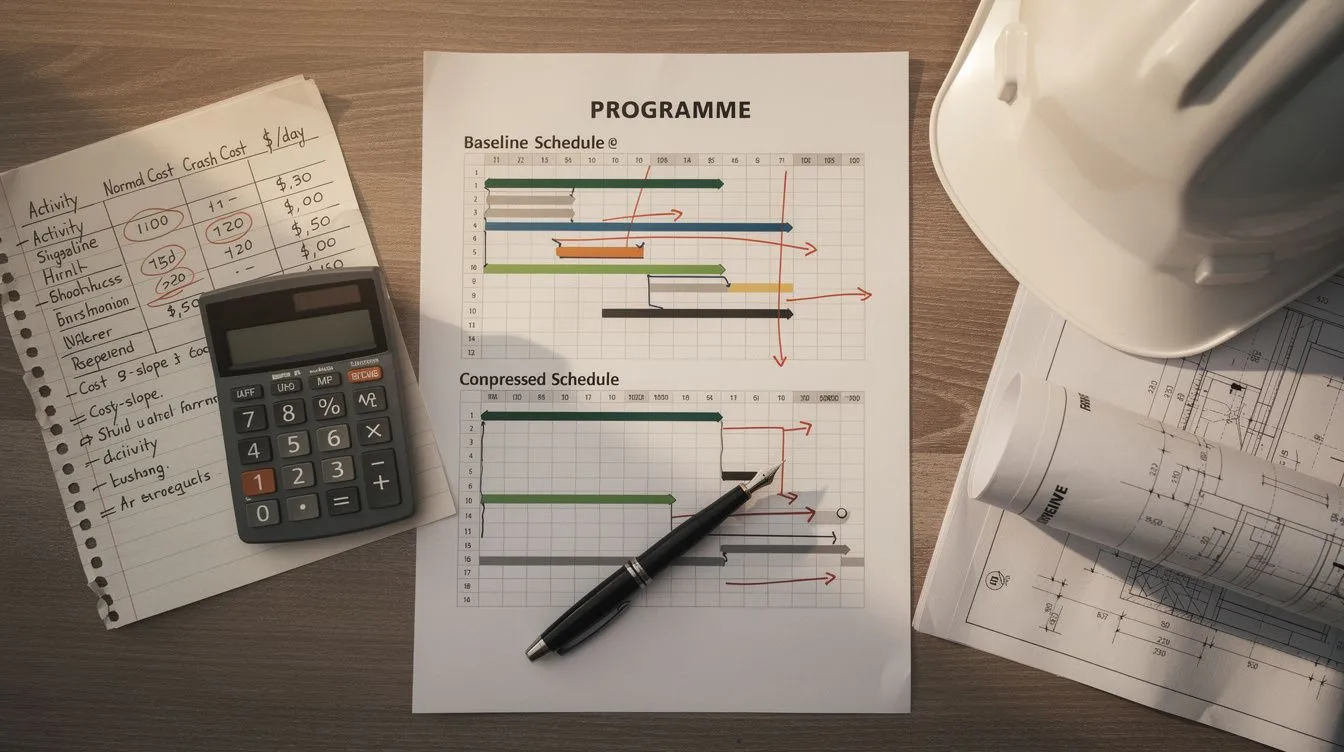 A construction project manager's desk: a printed Gantt programme with two stacked timelines, a baseline above and a compressed version below showing overlapped and shortened activity bars with red pen arrows pulling the finish date earlier, a handwritten cost-slope table listing crash costs per day beside it, a calculator and fountain pen, hard hat and partly unrolled blueprint to one side