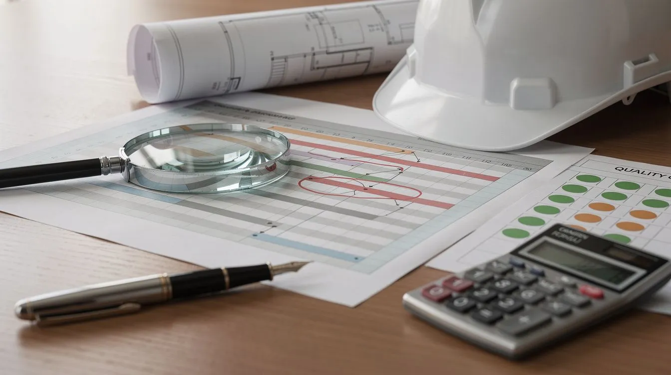 A construction project manager's desk with a printed Gantt programme marked in red pen, a magnifying glass over the critical-path activities, and a quality-check sheet with traffic-light marks beside a hard hat and blueprint