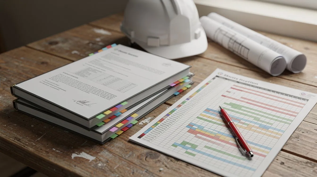 Three stacked printed construction contract documents with tabbed dividers on a wooden desk beside a partly unrolled printed Gantt-chart programme and a red pen, hard hat and rolled drawings behind, in muted natural daylight