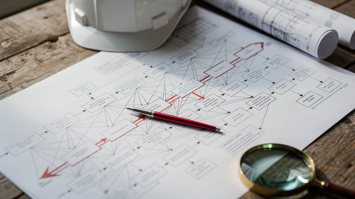 A printed critical-path network diagram on a weathered wooden table, boxes linked by logic arrows with one path picked out in red, a red pen resting across it, a white hard hat and rolled drawings behind and a magnifying glass at the lower corner