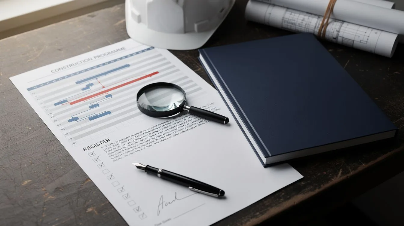 A printed construction programme with a red-highlighted chain of bars beside a bound standards document, with a hand-ticked register form and fountain pen on top, a magnifying glass over printed text, and a hard hat and rolled drawings behind