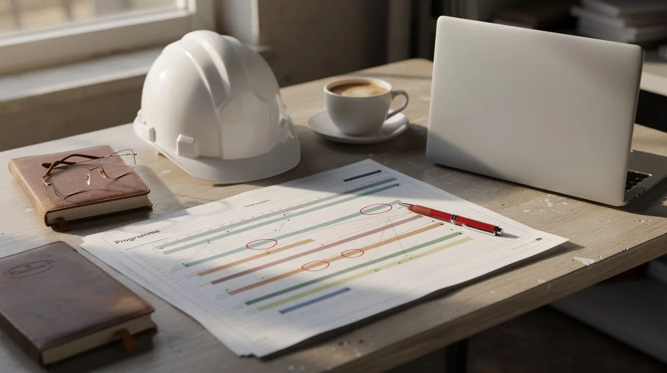 A project manager's desk in a site office: a printed bar-chart programme with bars circled in red pen, a red pen, a closed laptop, leather notebooks, reading glasses, a coffee and a white hard hat