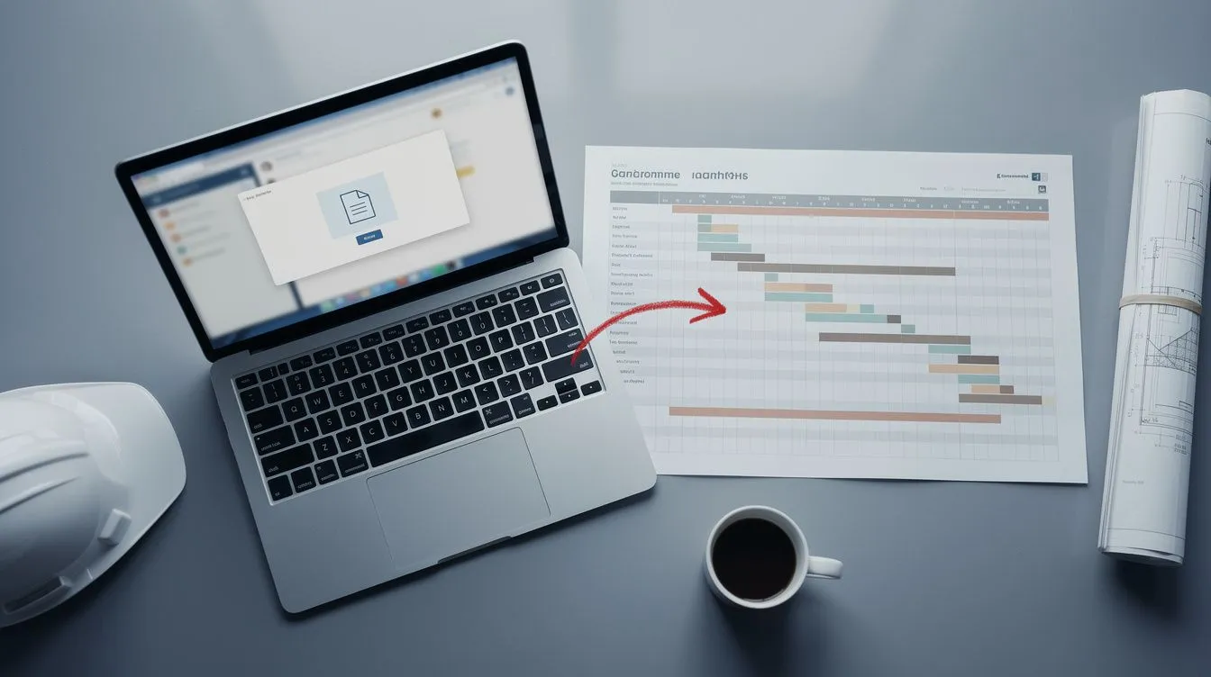 A project manager's desk: a laptop showing an email with a programme file attached, a red pen arrow linking it to a printed Gantt chart, a hard hat and rolled drawings to the sides